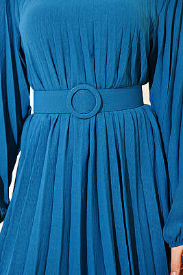 Piliseli Kemerli Ayrobin Elbise Petrol - Elbise