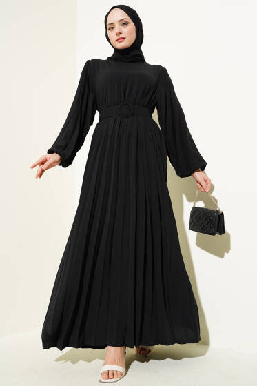 Piliseli Kemerli Ayrobin Elbise Siyah - Elbise