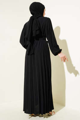 Piliseli Kemerli Ayrobin Elbise Siyah - Tesettür Elbise