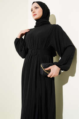 Piliseli Kemerli Ayrobin Elbise Siyah - Tesettür Elbise