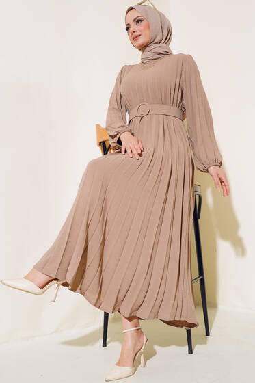 Piliseli Kemerli Ayrobin Elbise Vizon - Elbise