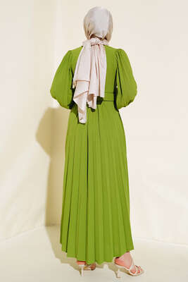 Piliseli Kemerli Ayrobin Elbise Yeşil - Thumbnail