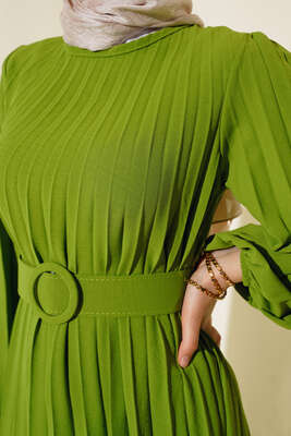 Piliseli Kemerli Ayrobin Elbise Yeşil - Thumbnail