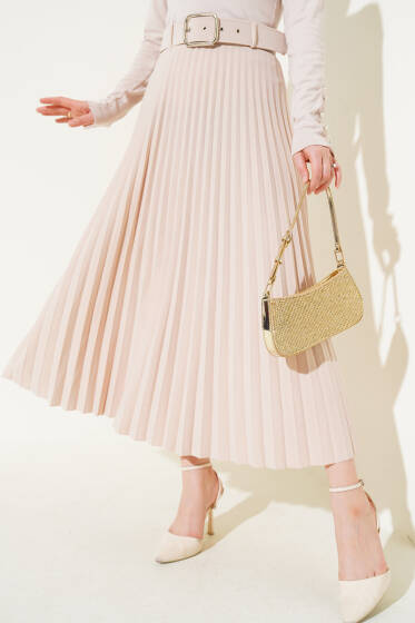 Piliseli Kemerli Kloş Etek Bej - Etek