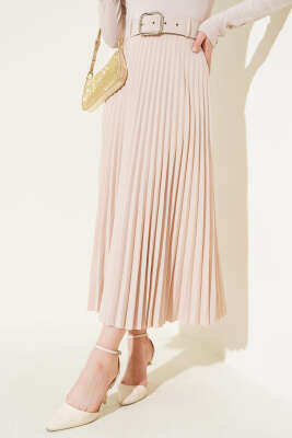 Piliseli Kemerli Kloş Etek Bej - Uzun Etek