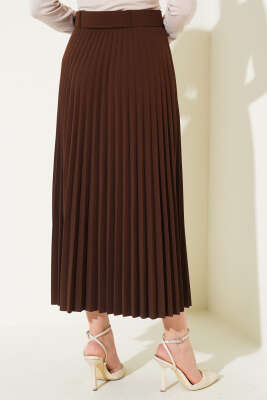 Piliseli Kemerli Kloş Etek Kahve - Uzun Etek
