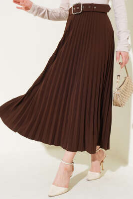 Piliseli Kemerli Kloş Etek Kahve 