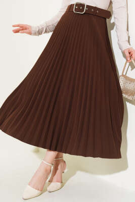 Piliseli Kemerli Kloş Etek Kahve - Uzun Etek