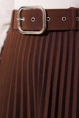 Piliseli Kemerli Kloş Etek Kahve - Uzun Etek