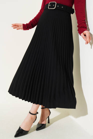 Piliseli Kemerli Kloş Etek Siyah - Etek