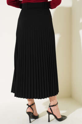 Piliseli Kemerli Kloş Etek Siyah - Uzun Etek