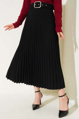 Piliseli Kemerli Kloş Etek Siyah - Uzun Etek
