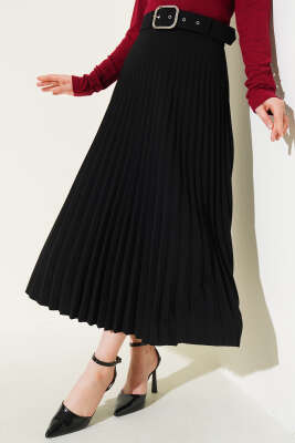 Piliseli Kemerli Kloş Etek Siyah - Uzun Etek