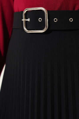 Piliseli Kemerli Kloş Etek Siyah - Uzun Etek