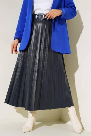 Piliseli Kemerli Lacivert Deri Etek - Uzun Etek
