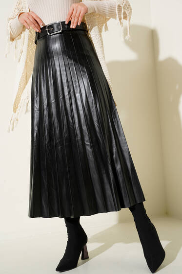 Piliseli Kemerli Siyah Deri Etek - Uzun Etek