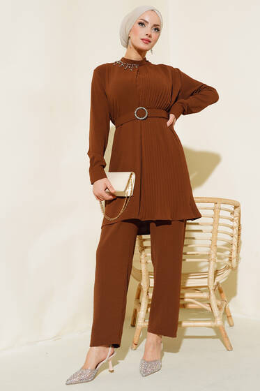 Piliseli Kemerli Takım Kahve - İkili Takım