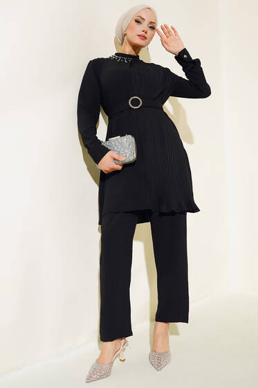 Piliseli Kemerli Takım Siyah - İkili Takım