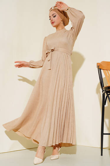 Piliseli Keten Elbise Bej - Tesettür Elbise