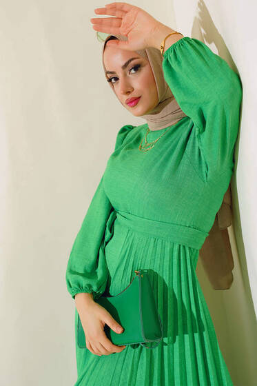 Piliseli Keten Elbise Benetton - Tesettür Elbise