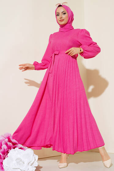 Piliseli Keten Elbise Fuşya - Tesettür Elbise