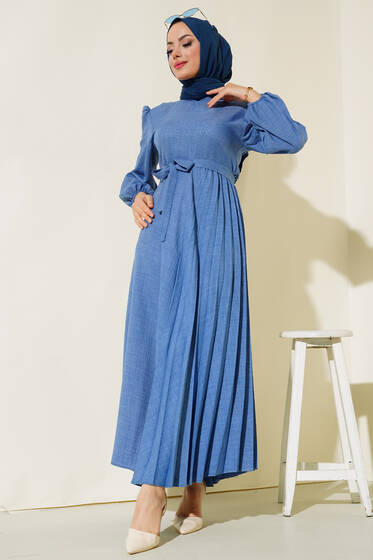 Piliseli Keten Elbise İndigo - Tesettür Elbise