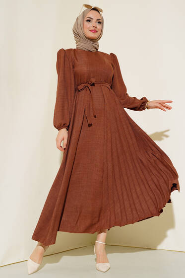 Piliseli Keten Elbise Kahve - Tesettür Elbise