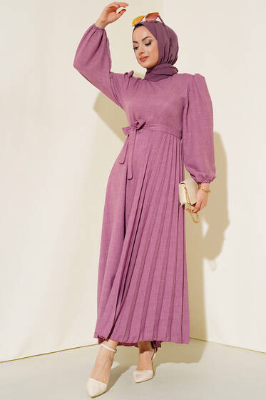 Piliseli Keten Elbise Lila - Tesettür Elbise
