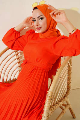 Piliseli Keten Elbise Oranj - Thumbnail