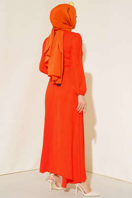 Piliseli Keten Elbise Oranj - Thumbnail