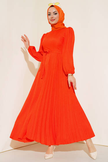 Piliseli Keten Elbise Oranj - Tesettür Elbise