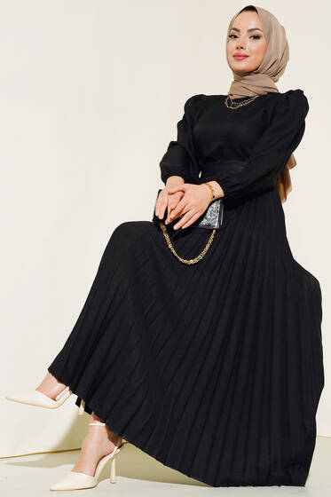 Piliseli Keten Elbise Siyah - Tesettür Elbise