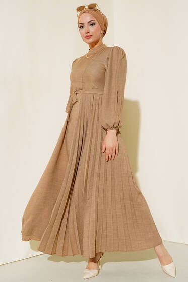 Piliseli Keten Elbise Vizon - Tesettür Elbise