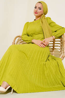 Piliseli Keten Elbise Yağ Yeşili - Thumbnail