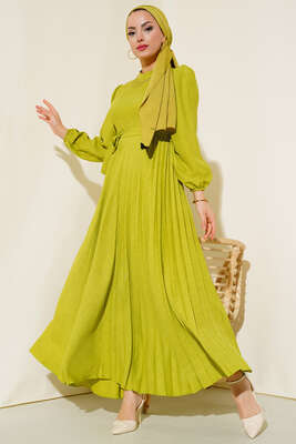 Piliseli Keten Elbise Yağ Yeşili - Thumbnail