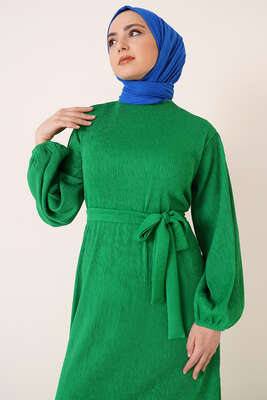 Piliseli Kuşaklı Elbise Yeşil - Thumbnail