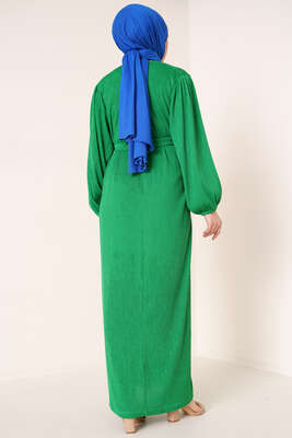 Piliseli Kuşaklı Elbise Yeşil - Thumbnail