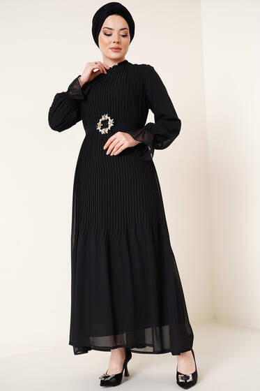Piliseli Kuşaklı Şifon Elbise Siyah - Tesettür Elbise