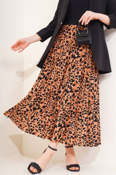 Piliseli Leopar Desenli Etek Camel - Uzun Etek