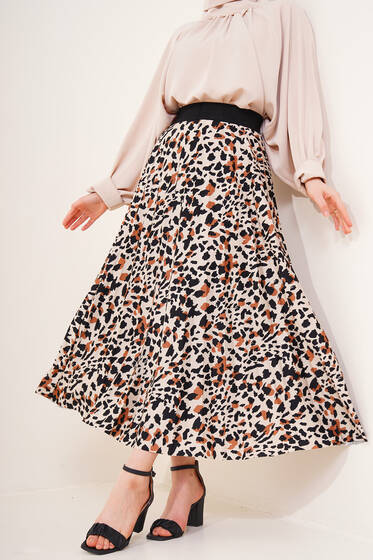 Piliseli Leopar Desenli Etek Ekru - Uzun Etek