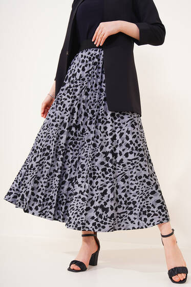 Piliseli Leopar Desenli Etek Füme - Uzun Etek