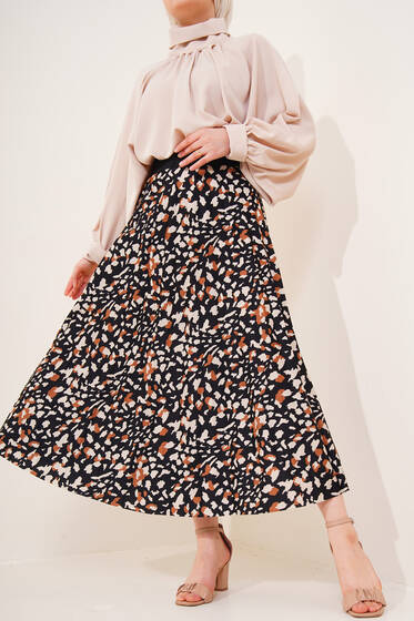 Piliseli Leopar Desenli Etek Siyah - Uzun Etek