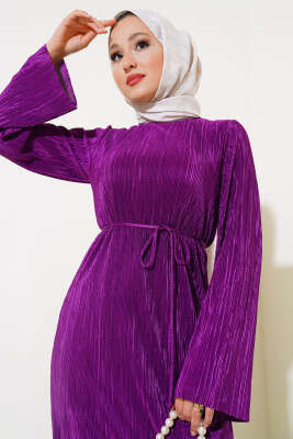 Piliseli Parlak Elbise Menekşe - Tesettür Elbise