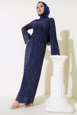 Piliseli Parlak Elbise Petrol - Tesettür Elbise