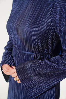 Piliseli Parlak Elbise Petrol - Tesettür Elbise