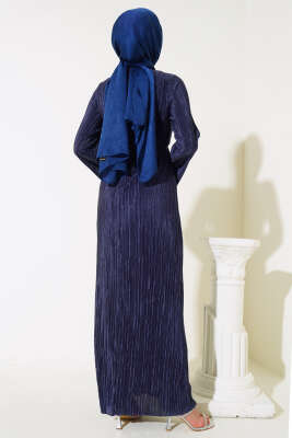 Piliseli Parlak Elbise Petrol - Tesettür Elbise