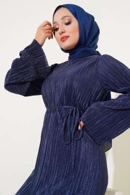 Piliseli Parlak Elbise Petrol - Tesettür Elbise