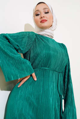 Piliseli Parlak Elbise Yeşil - Tesettür Elbise
