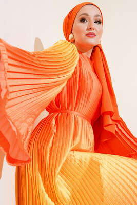 Piliseli Saten Elbise Oranj - Thumbnail