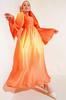 Piliseli Saten Elbise Oranj - Thumbnail